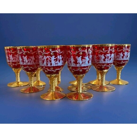Murano Venetian Neoclassical Wine Glasses Set of 12 Ruby 24k Heavy Gold Gilded - Picture 4 of 10